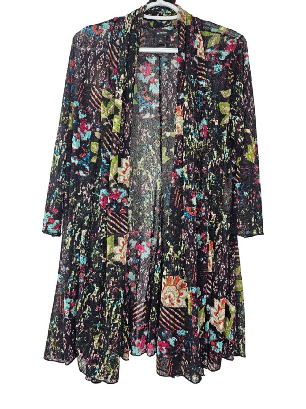 Ali Miles Abstract Floral Mesh Open Front Cardigan Black Women Size L Artsy Boho
